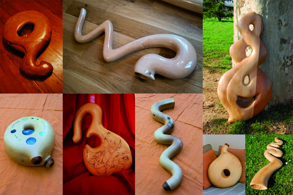 Didgeridoos sculptés à formes compacts rondes, formes de saxophone et aux courbes originales très marqués en sipo, merisier, érable, tilleul et frêne
